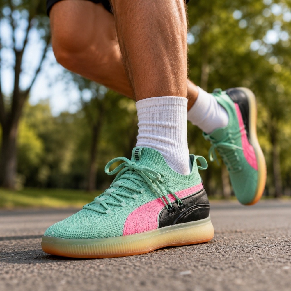 Puma C-Rey Men's Knit Sneakers Mint Green Pink Accents Size 8.5